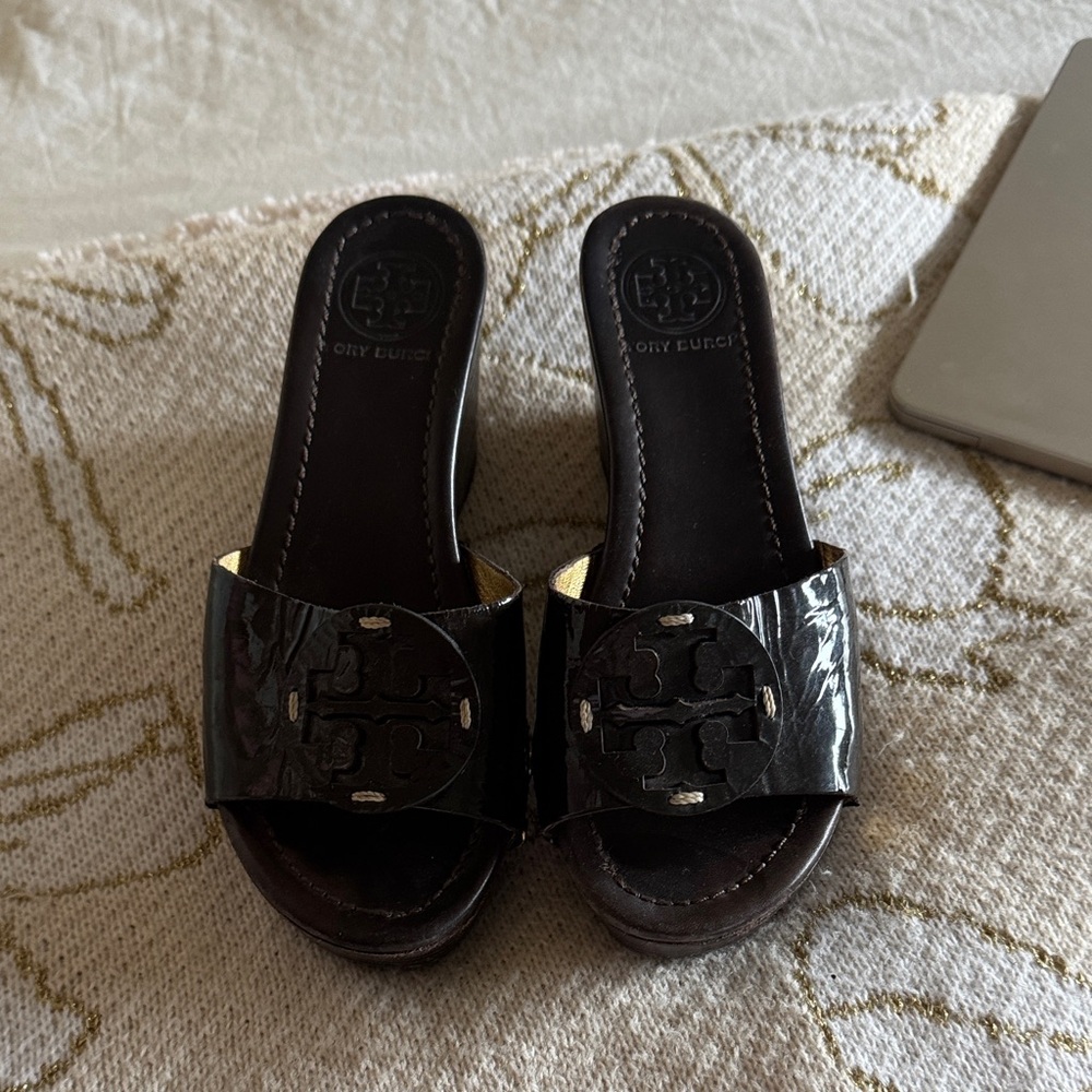 Tory Burch Black Patent Slide Mules with Logo Medallion